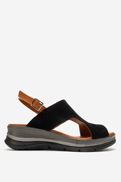 Dericlub Women's Ankle Strap Wedge Sandals Genuine Leather Zy 8059 Black