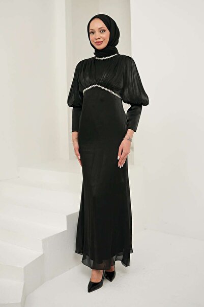 İmajButik Siyah Önü Piliseli Taşlı Abiye