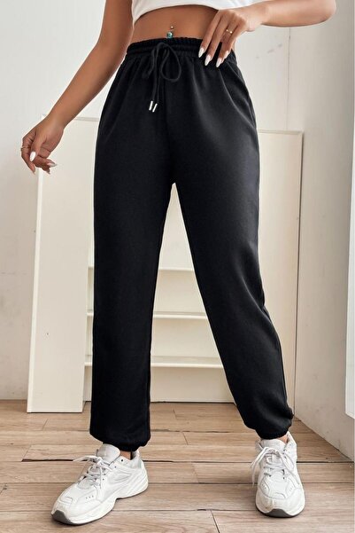CAST COLLECTİON Women's Black 3 Thread Combed Cotton Sweatpants