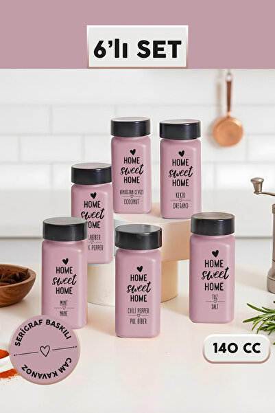 Seraclass Home Sweet Home 6’lı Kahve Renkli Cam Baharatlık Seti (Kekik- Tuz)