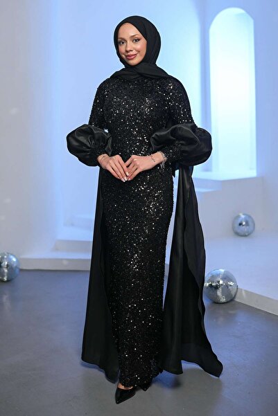 İmajButik Black Sequined Balloon Sleeve Detailed Evening Dress