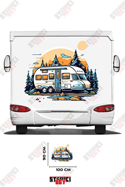 STİCKERCI BEY ملصق كرافان مرئي يصور الشمس الغروب والكرفان يقف بين الأشجار