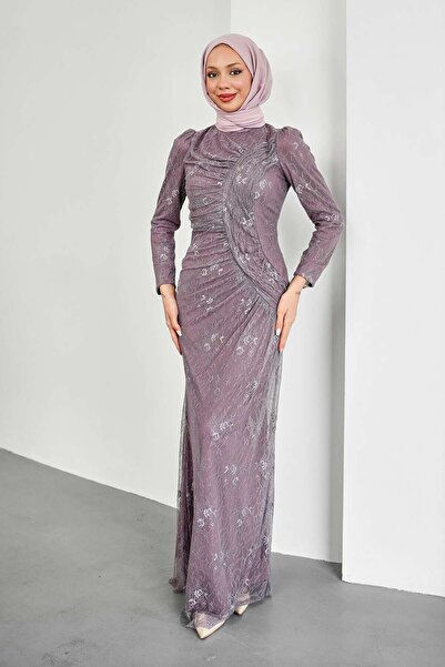 İmajButik Dusty Rose Gathered Front Lace Evening Dress
