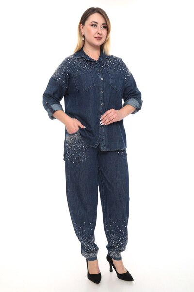 JERFİ Women's Plus Size Stone Printed Double Set