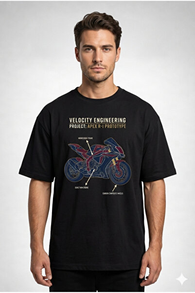 YRN COLLECTION Tricou oversize unisex Sportbike BLUEPRINT, imprimat, din bumb...