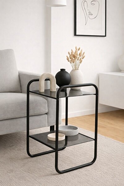 DEKOPRATİK Odessa İki Raflı Yan Sehpa - Siyah Metal Modern Füme Camlı Yan Sehpa