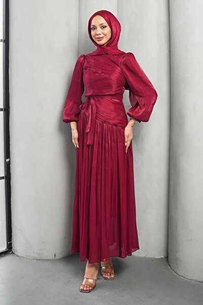 İmajButik Plum Draped Pleated Evening Dress