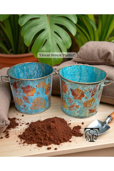 Turapia Design Deniz Temalı Metal Özel Tasarım El Yapımı Saksı Kova Seti