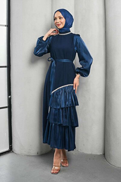 İmajButik Navy Blue Ruffle Detail Organza Stone Embroidered Evening Dress