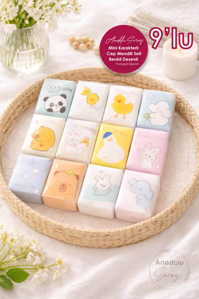 Anadolu Saray مجموعة من 9 مناديل جيب صغيرة ذات شخصيات - نمط ملون، ناعمة وصحية