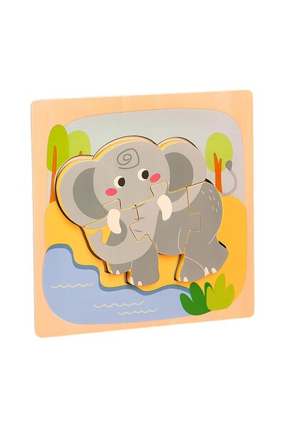 A&C Puzzle Montessori din Lemn pentru Copii, 3D, 0-3 Ani, Model Elefant