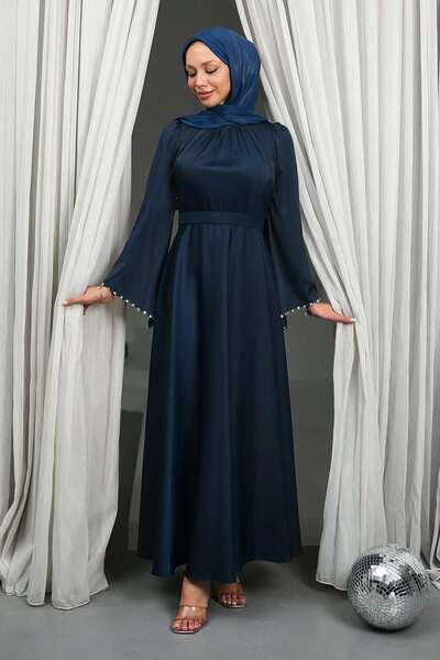 İmajButik Rochie de seară din satin albastru bleumarin cu mâneci cu strasuri ...