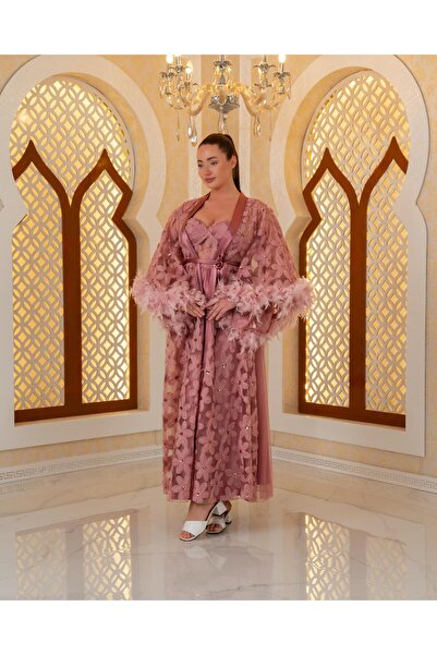 Limas lingerie Special Design Feather, Lace Detail 2-Piece Long Dressing Gown