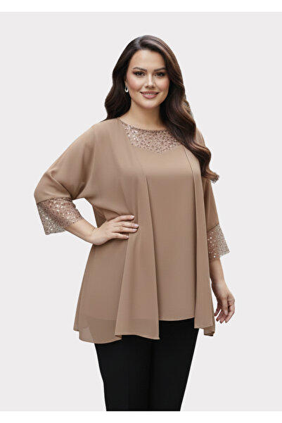 LİLAS XXL Büyük Beden Vizon Renkli Şifon Ceketli Abiye Bluz