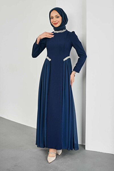 İmajButik Navy Blue Collar and Waist Stone-Embellished Evening Gown with Tail