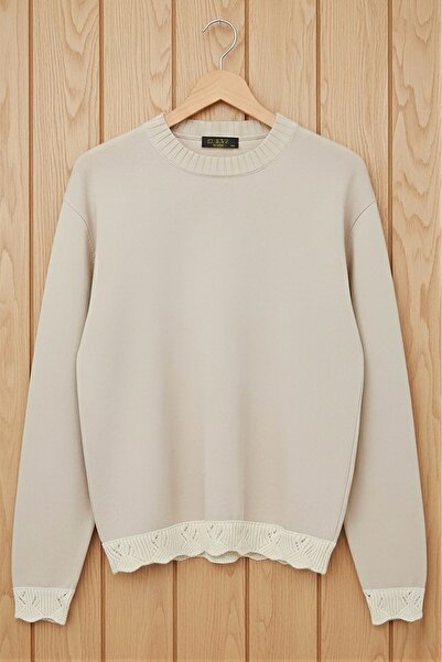 İmajButik Anthracite Crew Neck Knit Sweater with Guipure Detail on Sleeves an...