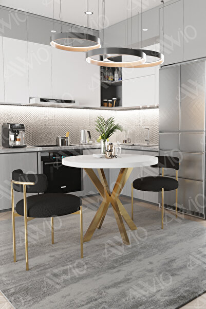 AVVİO Lena Serisi Teddy Sandalye 90X90 Yuvarlak Yemek Masası Siyah Sandalye 2...