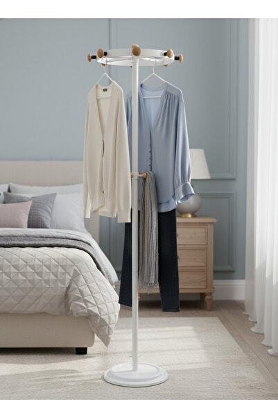 Living clothes hanger with hooks in a circular ring, white color