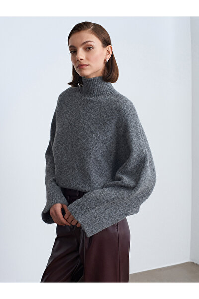 Dilvin 10817 Wool Blend Batwing Sleeve Sweater-K.Smoked M.