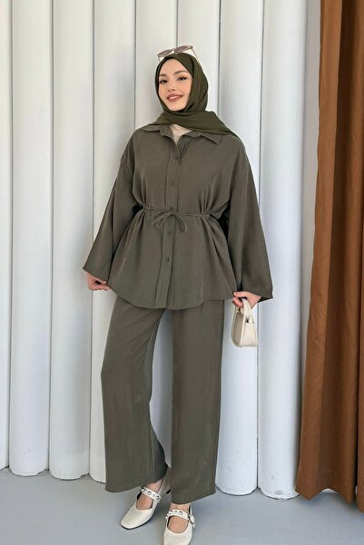 Modaensarbutik Tensel Kumaş Gömlekli Pantolonlu Tesettür Takım-HAKİ YEŞİL