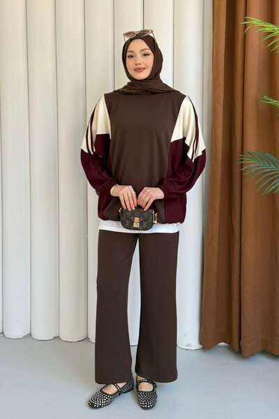 Modaensarbutik Renk Bloklu Oysho Kumaş Pantolon Tesettür Takım-KAHVERENGİ