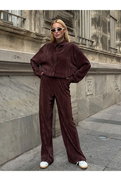 Tubik Women's Pleated Fabric Shirt Collar Button Closure Shirt Pants Bottom T...