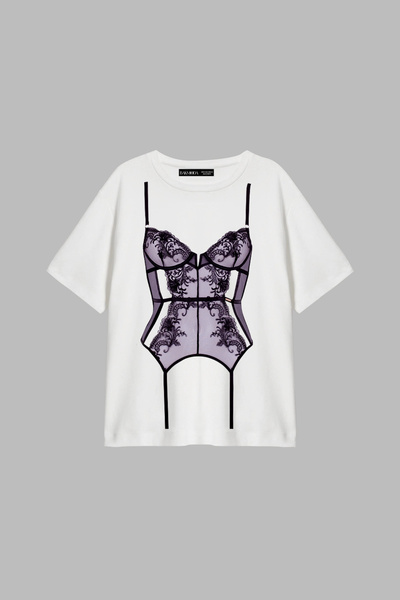 CİNEMA MODA Lingeries Mor Printed Relaxed Fit White Women's Tshirt