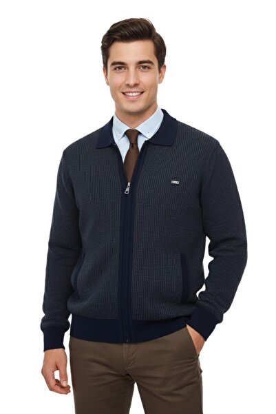 Çizgi Triko Palton tricotat căptușit cu guler polo pentru bărbați, cu fermoar...