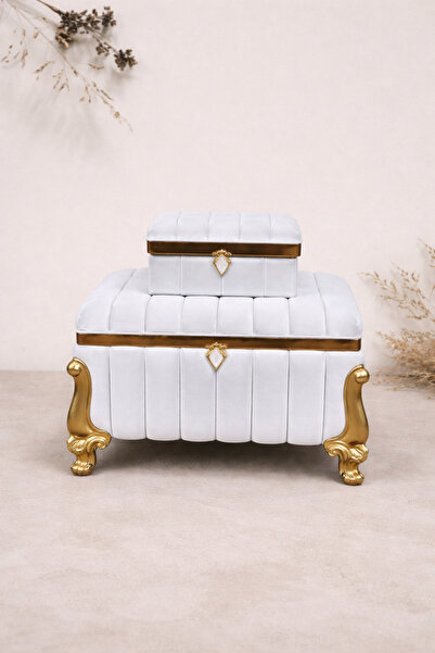 EL-MAR HOME Beyaz Kadife Ayaklı Çeyiz Sandığı - Gold Detaylı Kare Tasarım (Bü...