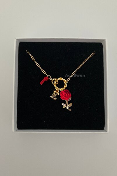 acc swen Harfli charmlı Gül kolye kararmaz çelik kırmızı gül kolye