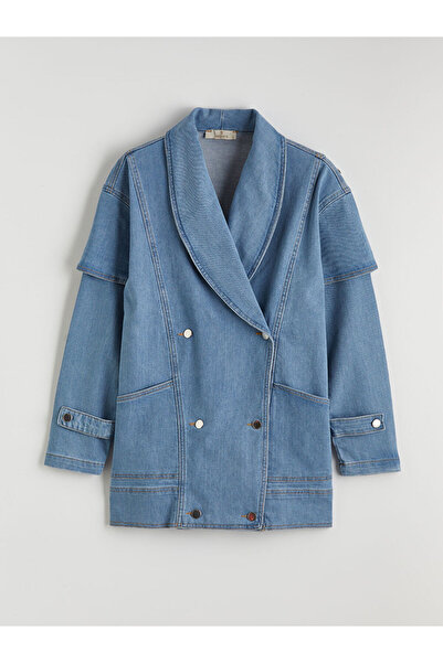 LC Waikiki جاكيت جينز نسائي من إندجو كي بأزرار على الجهتين بياقة