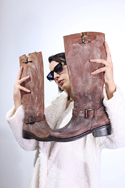 ELİT SHOES Luna Natural Leather Distressed Detail Women's Winter Boots I018