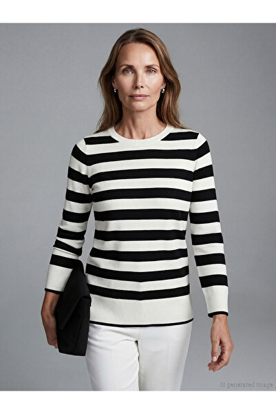 LC Waikiki Lcw Grace Black Crew Neck Striped Women's Knitwear Sweater