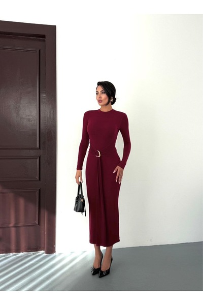 LİSAA BUTİK Crew Neck Accessory Detailed Long Sleeve Dress