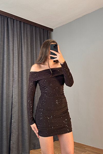 Sorridi Madonna Yaka Drapeli Simli Mini Elbise