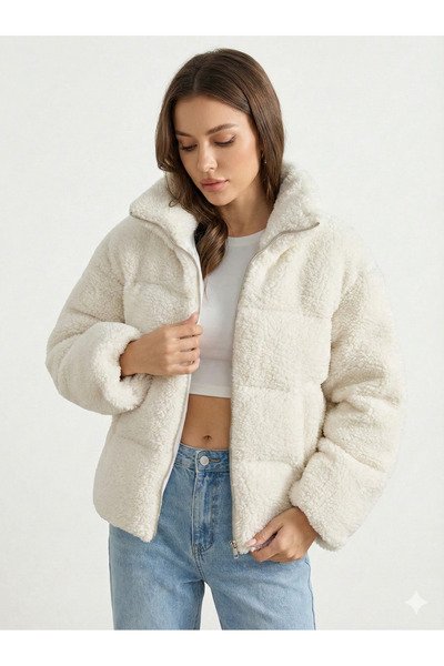 ribana Women's Ecru High Collar Trendy Lined Lamb Plush Fabric Short Coat 2283