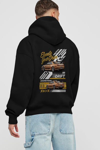 Ankhises سلسلة سيارات (48) هوديي أسود خلفي مطبوع قصة فضفاضة بغطاء رأس سويت شي...