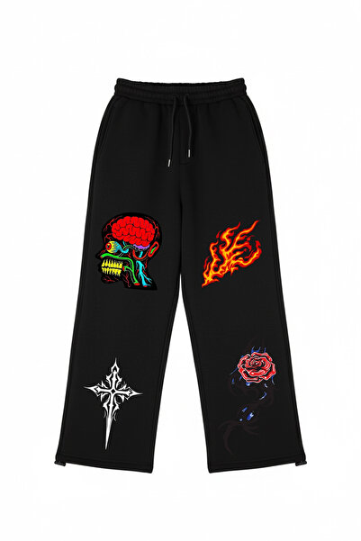 Sokak Butik Premium Challenge Your Mind Wide Leg Men's Black Sweatpants