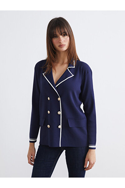 LC Waikiki Navy blue Double-Breasted collar women's knitwear jacket