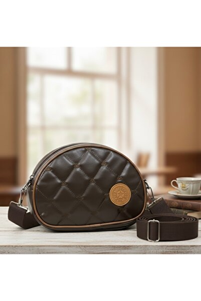 Butik Kadın Acı Kahve Kapitone Nakışlı Yarım Ay Çapraz Askılı Çanta