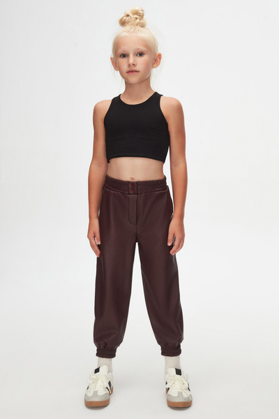 LOVETTI Dark Burgundy Girls' Winter Leather Pants with Snap Fasteners and Dra...