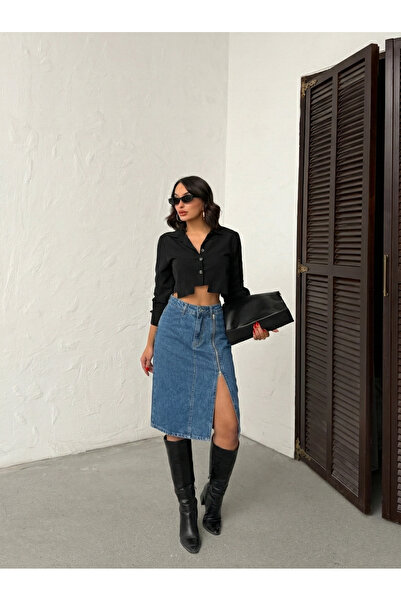 blue wings denım co. Τζιν φούστα με λεπτομέρεια φερμουάρ μπροστά