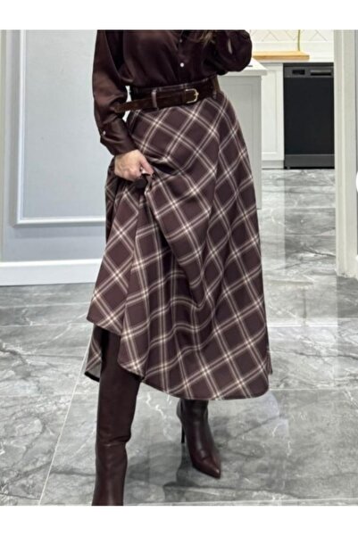 caddebutik20 Ekose Desenli Kemerli Uzun Çan Etek