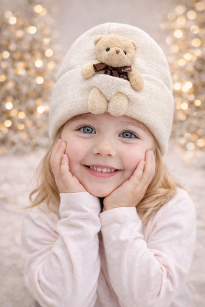 Muraty قبعة أطفال مرنة من الصوف مع تفاصيل دب قطيفة، قبعة للبالغين من الجنسين ...