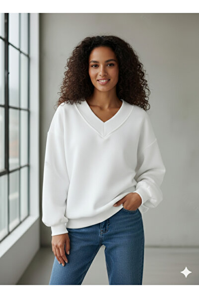 FUWEAR Beyaz Renk V Yaka Oversize Sweatshirt