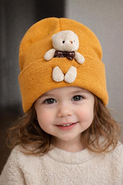 Muraty قبعة أطفال مرنة من الصوف مع تفاصيل دب قطيفة، قبعة للبالغين من الجنسين ...