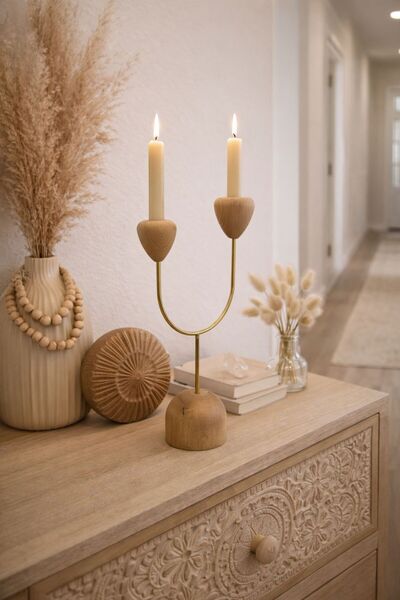 NEWNOW Ahşap Metal Detaylı Çift Kollu Dekoratif Şamdan | Modern & Doğal Ev De...