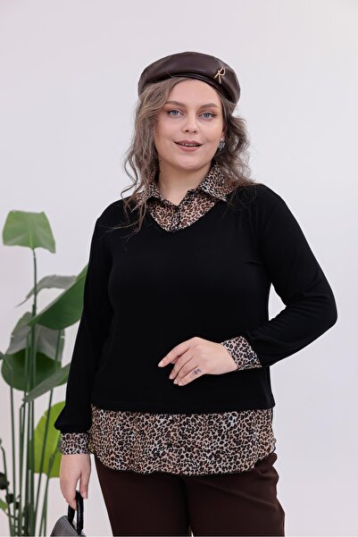 Siyezen Plus Size Shirt Collar Leopard Blouse