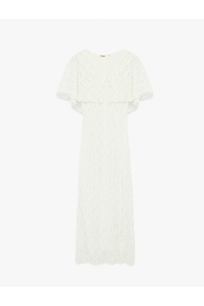 Koton Slim Fit Cape Sleeve V-Neck Long Lace Dress
