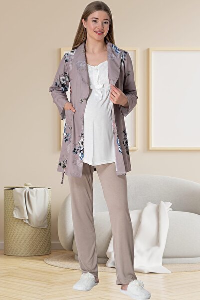 Mecit Pijama Mecit 5804 Elisa Vizon Sabahlıklı Lohusa Pijama Takımı